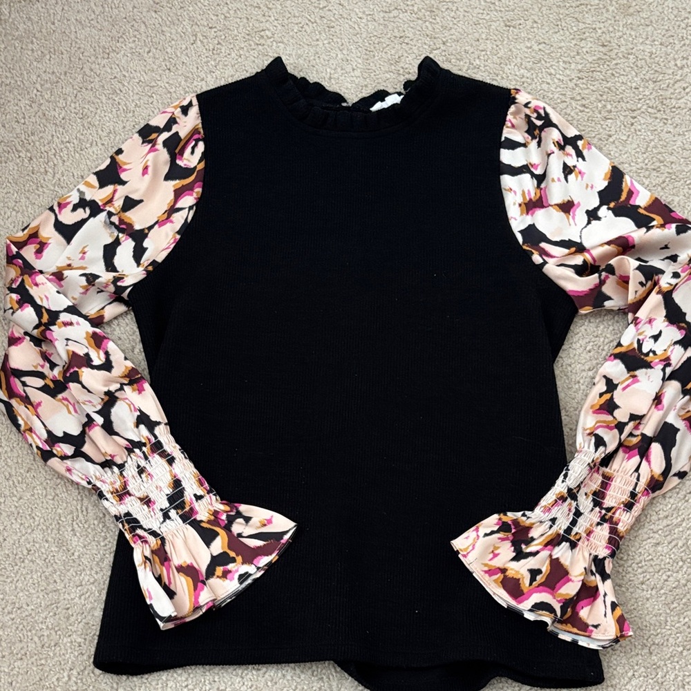 THML Black Top with Pink Floral Sleeves
